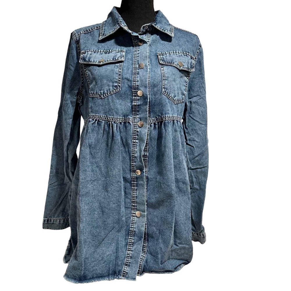 Women’s Denim Coat Elegant Button-Up Lapel Design Raw Hem Long Sleeve Loose Fit - Picture 9 of 16